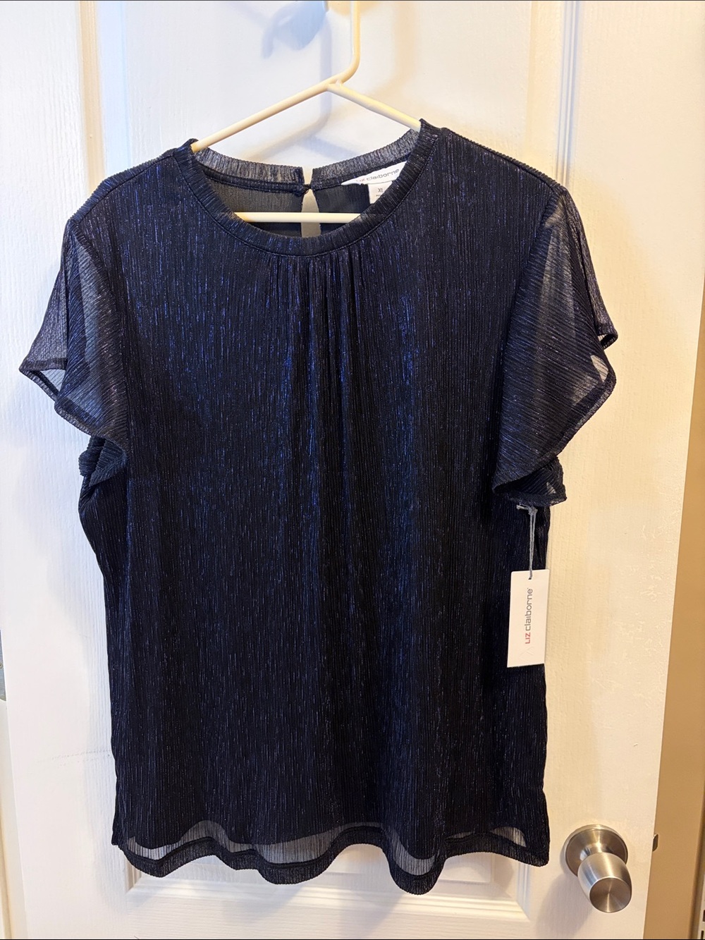 Liz Claiborne Navy Shimmer Flutter Sleeve Top